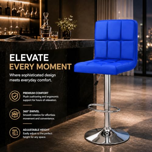 Image of Kemon KaiMeng Modern Adjustable Swivel Bar Stool Chair with Backrest, PU Leather Hydraulic Counter Stool with Footrest for Kitchen Island, Cafe & Home Bar, Blue, Square Tufted Back Stool