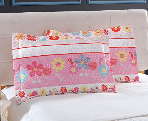 image for 3-Piece Girls Floral Quilt Set Full or Queen with Shams, Flowers Birds