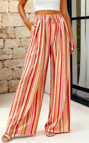 Image of PRETTYGARDEN Womens Pants Elastic Waist Floral Lightweight Palazzo Pants for Women Casual Lounge Wide Leg Pants Woman