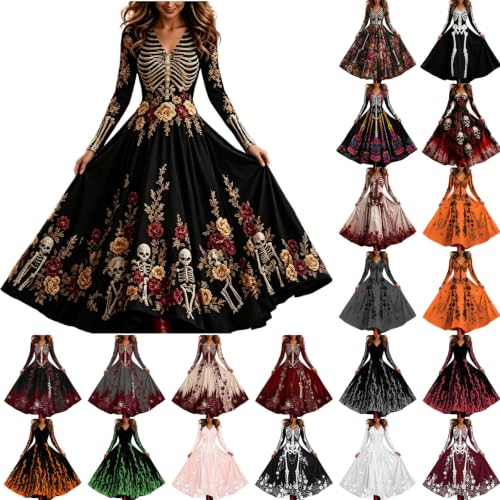 Halloween Costumes For Women Skeleton Dress Long Sleeve V Neck Maxi Dresses - image 1