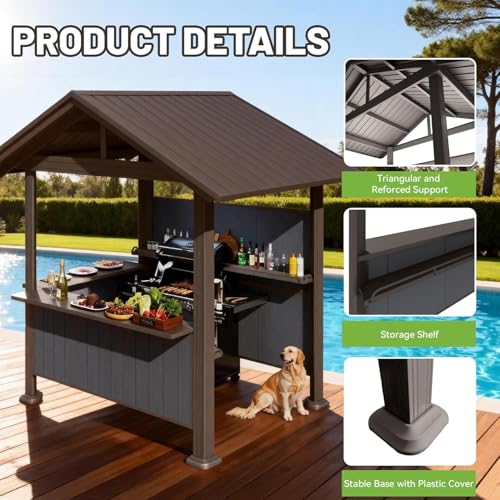 Image of 9x10FT Hardtop Grill Gazebo, Lean to Outdoor BBQ Shelter with Galvanized Steel Slanted Roof, Permanent Metal Grilling Station with Storage Shelves & Bar Platform for Patio (Gray, 9.4x6.2FT)