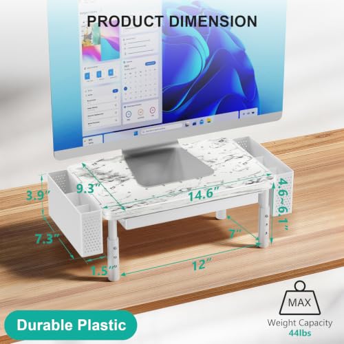 Image of WALI Computer Monitor Stand with Storage, Desk Organizer with Drawer and Pen Holder, Desk Monitor Riser 3 Height Adjustable, Laptop Riser for Computer, Laptop, Printer(PTT003-M), 1 Pack, Marble