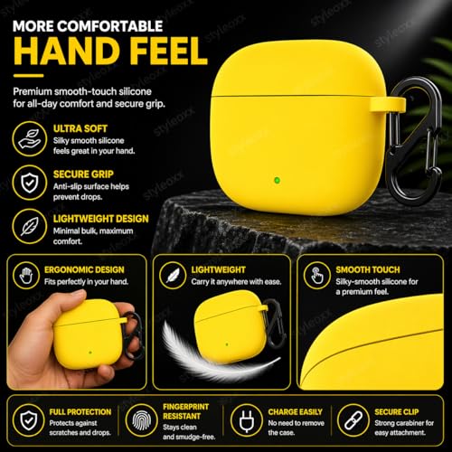 Image of Anvique Silicone Case Cover for Oneplus Nord Buds 4 Pro, Scratch Resistance, Shock Absorption, with Premium Carabiner (Yellow)