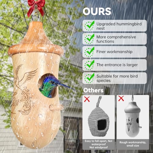 Hummingbird House, Solid Wood Hummingbird Houses for Outside-Exquisitely Handcrafted Birdhouse with Ribbon and String Hanging Kit, Durable Garden Decor, Perfect Gardening Gift(Style-EFG, 3 Pack)