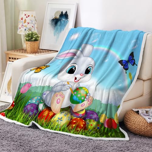 JAWO Easter Blanket, Colorful Easter Eggs Bunny Blankets Gifts for Women Girls Cute Rabbit Butterfly for Spring Festival Rabbit Throw Blanket for Bed, Sofa, Couch, Living Room 50
