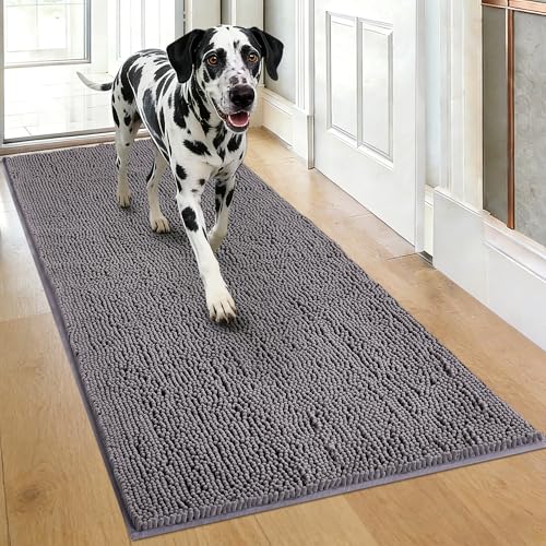 Lovydro Super Absorbent Dog Door Mat for Muddy Paws 72x24 Dirt Trapper Non-Slip Chenille Mat for Mud Dogs Machine Washable Quick Dry Indoor Entryway Rug Grey