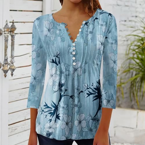 SHAOBGE Fall 3/4 Sleeve Tops for Women 2024 Floral Print Casual Shirts V Neck Button Oversized Comfy Lightweight Y2k Blouses4