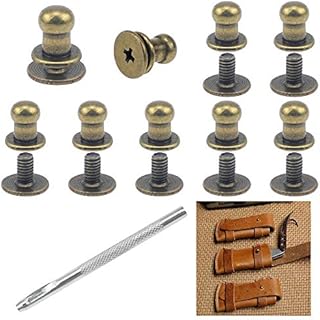 SRunDe 60 Sets 5mm Solid Brass Round Head Stud Screw Rivets Sam Browne Studs Leather Chicago Screws Rivets Round Head Button Stud Screws with Hole Puncher Post Fastener for DIY Repair Leather Craft