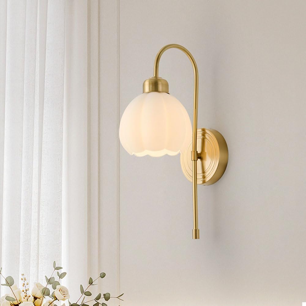 HPTHLY Gold Living Room Wall Lamps Nordic Retro Glass Shade Wall Sconces With Metal Base E14/E12 Sockets Wall Lighting For Bedroom Bathroom Mirror Hallway