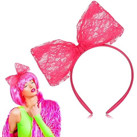80s Neon Lace Bow Headband Lace Bow Headband 80s Costumes Accessories Knot Head Wrap for 80s Theme Party Women Girl Retro Party Halloween Fancy Dress Up, Neon Pink Cover