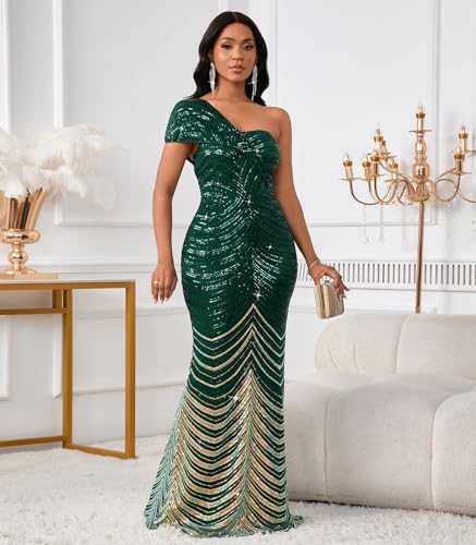 Image of Cololura Women Sexy Sequin One Shoulder Mermaid Formal Party Cocktail Gowns Bodycon Evening Maxi Dress