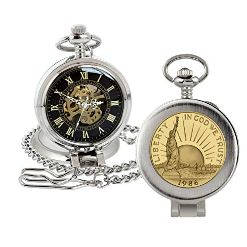 Image of Coin Pocket Watch with Skeleton Movement | Gold Layered Statue of Liberty Commemorative Half Dollar | Genuine U.S. Coin | Sweeping Second Hand, Magnifying Glass | Certificate of Authenticity