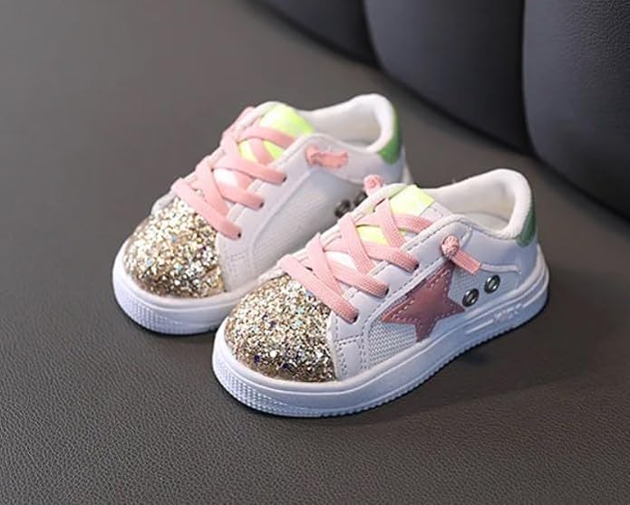 Baby Girls Shoes, Glitter Star Sneakers with Laces | Ages 2-5 y/o | Pink & Purple, Hot Pink, B&W4