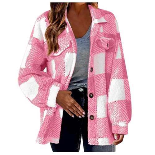 Women's Flannel Plaid Shacket with Pockets Fuzzy Long Sleeve Button Down Shirts Jacket Coats Fall Winter Outfits