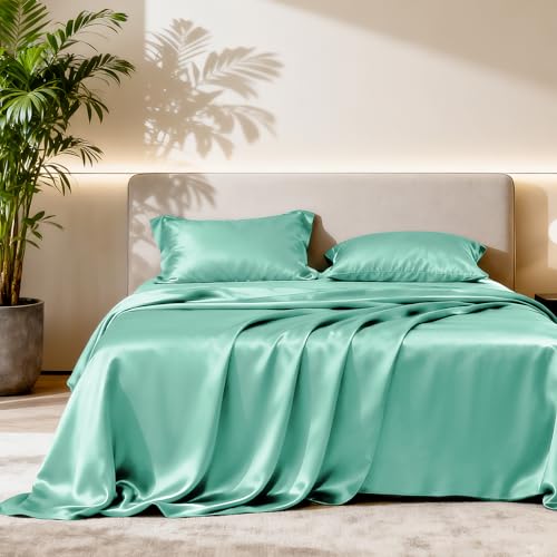 Image of Love's cabin Twin Satin Sheets Sets - 3 Piece Aqua Silky ed Sheets with Deep Pockets, Luxury Silk Feel Satin Twin Size Sheet Set Bedding Set (1 Flat Sheet,1 Fitted Sheet,1 Pillow case)