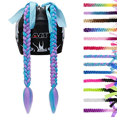 SEGO 2 Pcs Helmet Pigtail Braids with Detachable Suction Cup with Bowknot Ponytails Hair for Women/Men 20 Inch 2 PCS/Pack (Helmet not Included)-Mixed Sky Blue/Light Purple