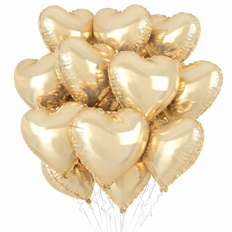 Image of AMFIN (Pack of 5) Champagne Gold Heart Foil Balloons | Metallic Helium Balloons for Birthday, Anniversary, Wedding, Engagement, Valentine & Party Decorations