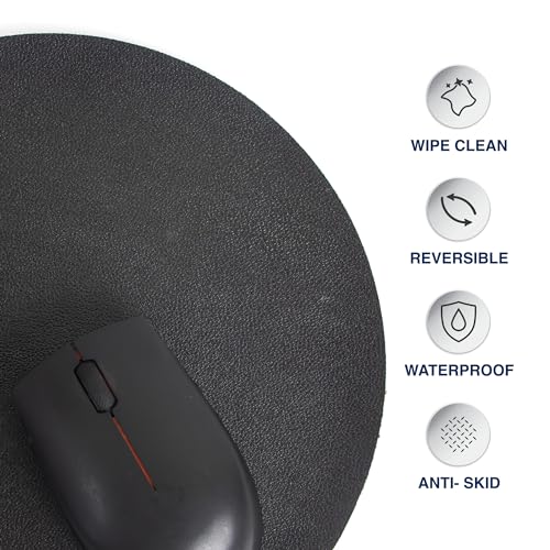 Image of Bellblock Round Mouse Pad | Computer Mouse Mat | Vegan PU Leather | Anti-Slip | Smooth Mouse Control | Spill-Resistant Surface | Black & Tan Brown | Diameter 22 cm (Pack of 1)