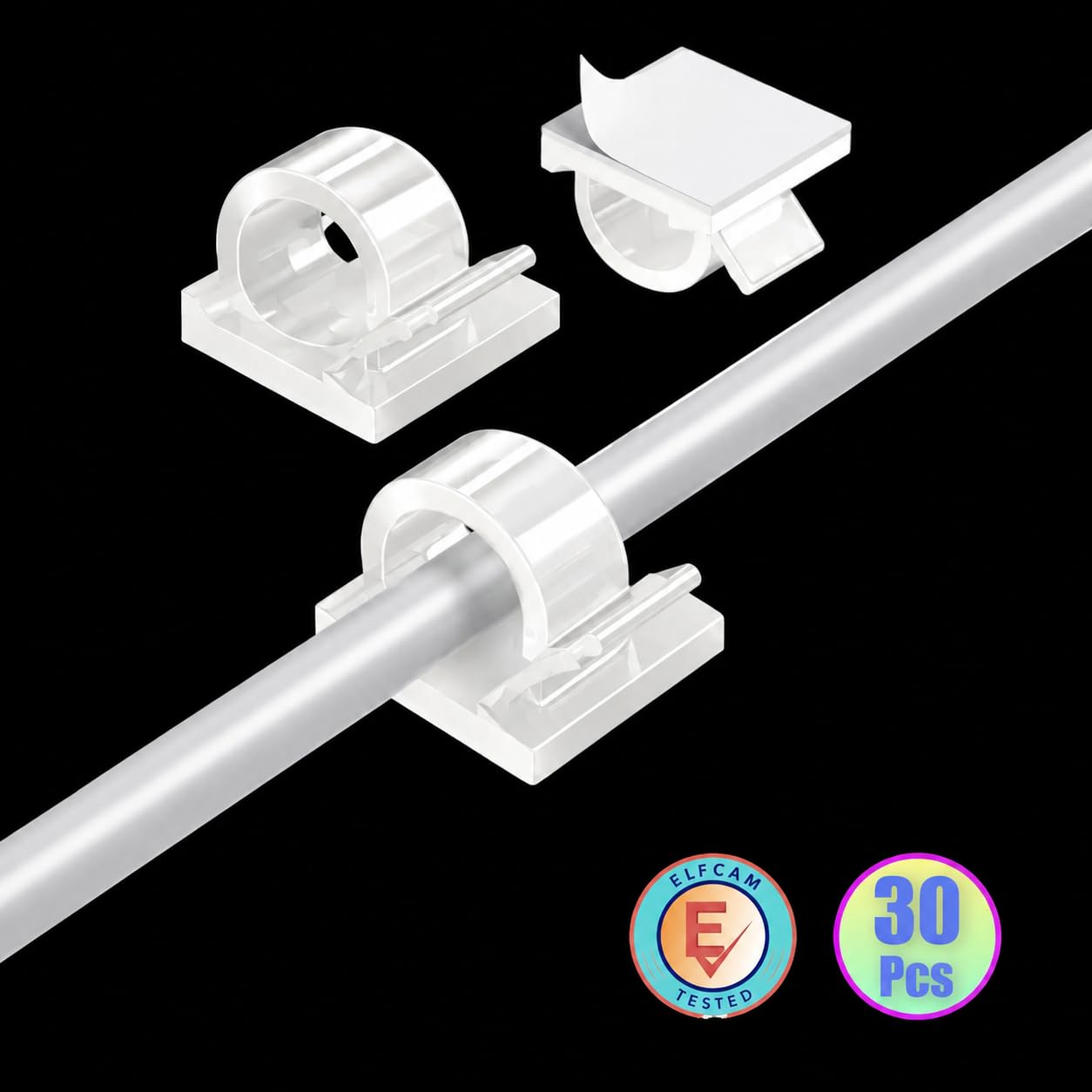 Elfcam® - 30 Piece Adhesive Cable Clips for Ethernet Network Cable Management, Cable Ties and Cords for Home or Office, White (Set of 30) — Amazon image 2