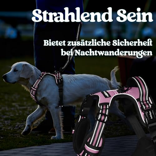 rabbitgoo Hundegeschirr Grosse Hunde, Verstellbare Geschirr Hund ohne Zug & Würgen, Anti Zug Hundegeschirr mit Griff, weich Gepolsterte Reflektierende Brustgeschirr, Rosa L