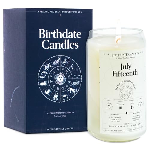 Birthdate Candles, July 15 - Cancer Zodiac Scented Candles Birthday Gift - Rose, Chamomile & Ylang Ylang Scent - All-Natural Soy & Coconut Wax, 60-80 Hour Burn Time - Made in USA