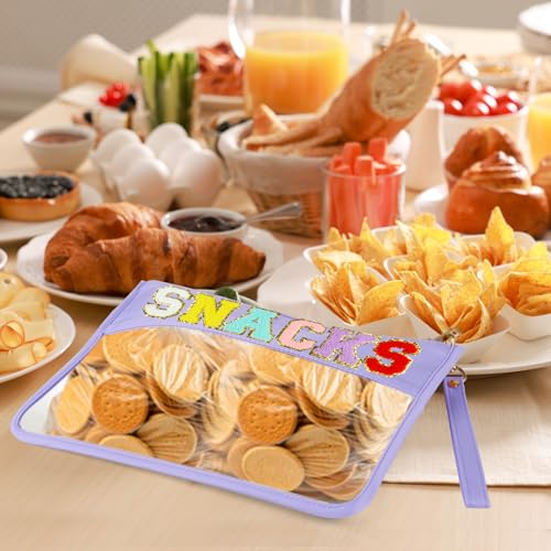 Morcheiong Chenille Letter Bag Cute Clear Zipper Stuff Pouch Portable Multi-purpose PVC and Nylon Makeup Bag with Handle for Travel Gym Beach（Purple Snacks）3