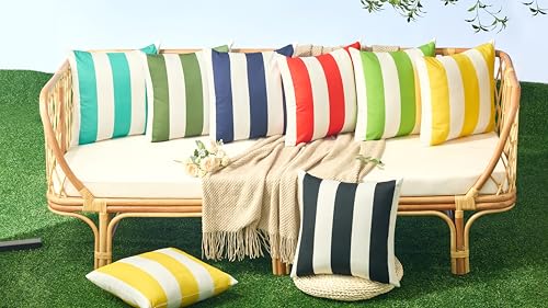 Image of Allorry Outdoor Pillow Covers 24x24 Set of 2 Navy Blue Striped Decoration Throw Pillow Covers for Spring Summer Outdoor Waterproof Garden Patio Furniture Sofa Bed Home Decor JB007-D24