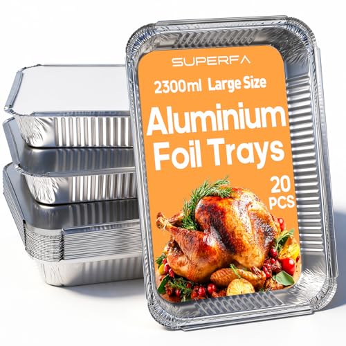 SUPERFA 20 Pack Large Aluminium Foil Trays with Lids 2300ml Disposable Foil Trays for Oven Baking BBQ(32x22x5cm)