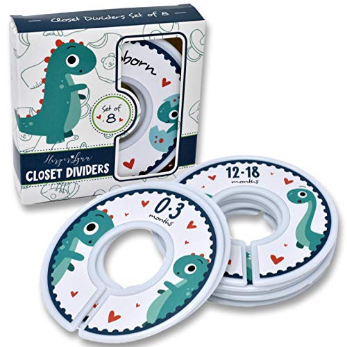 Image of HarperLynn Baby Closet Dividers - Set of 8 Dinosaur Nursery Clothes Organizers - Size Newborn Infant to 2T. Great Gifts Accessories for First Time Parents of Boy or Girl. Fits 1.25 Inch Rod.