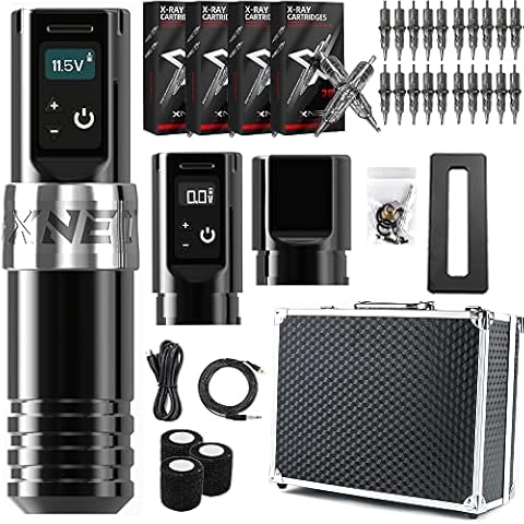 Tattoo Kit - Xnet Torch Wireless Tattoo Machine Kit Professional Complete Rotary Tattoo Pen with Extra 1950mAh Power 80Pcs X-RAY Mixed Tattoo Cartridge Needles Bandage with Big Case for Tattoo Artists Cover