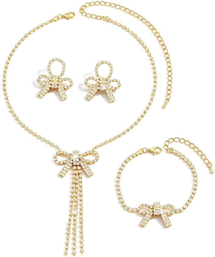 OIDIMS Elegant Bowknot Jewelry Set for Women Sparkly Tennis Cubic Zirconia Bow Ribbon Tassel Pendant Necklace Fashion Dangle Drop Earrings Charm Bracelet Bride Wedding Prom Banquet Accessories
