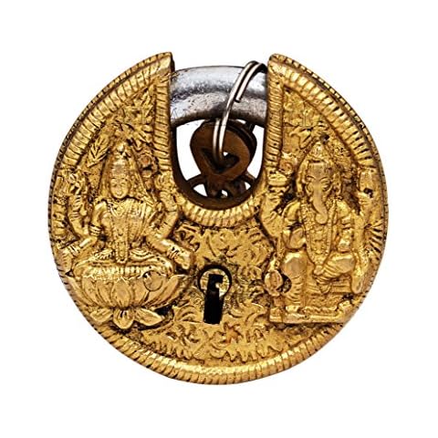 IndianArtVilla Ganesh Lakshmi Ji Design Round Brass Security Pad Lock, Door Safety Home Temple Office, 3" Inch Cover