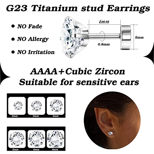 LOYALLOOK 6Pairs G23 Titanium Flat Back Stud Earrings for Women Men Titanium Round CZ AB Cartilage Earring Studs for Sensitive Ears Hypoallergenic Screw Back Ear Piercing Set 20G 2-8MM4