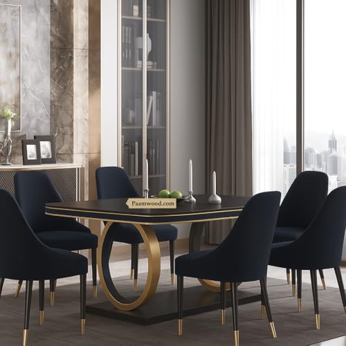 Image of 6-Seater Dining Table with Nano Composite Marble Top and PVC Golden Wooden Base |2yr Warranty - Includes 6 Fabric Upholstered Chairs (Black)