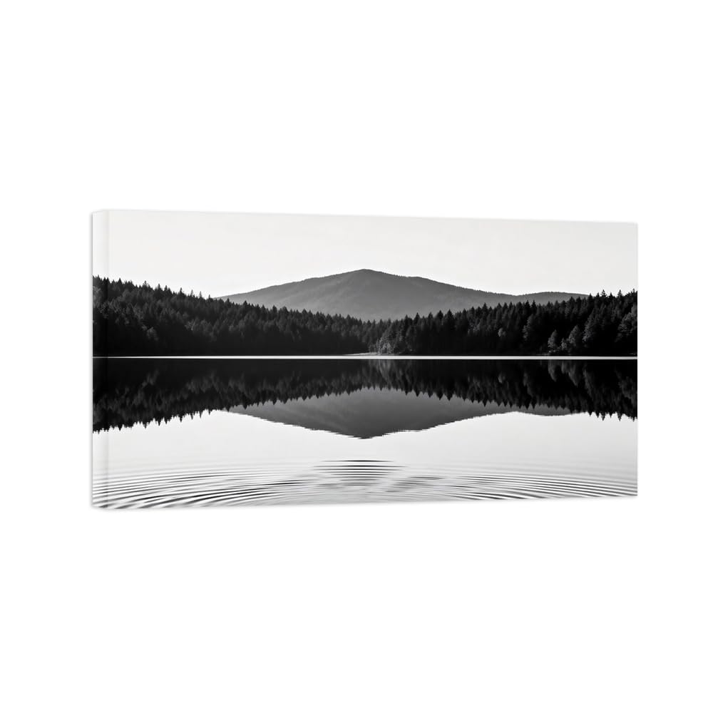 OZPWBVY Black and White Landscape Print Painting-Mountain Forest Lake-Minimalist Canvas Wall Art Picture for Home Ready to Hang 24x42in 60x108cm Wrapped Canvas