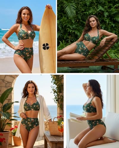 Image of Holipick Women High Waisted Bikini Set Two Piece Swimsuit Tummy Control Bathing Suit Vintage Halter Swimwear