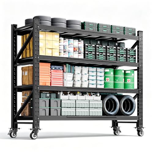 Image of Letaya 4000LBS Heavy Duty Storage Shelves with Wheels,Metal Garage Shelving Units,4 Tier Large Tall Industrial Shelving,Adjustable Utility Rack for Warehouse,Basement (Black, 55 inch W x 24 inch D x 76 inch H)