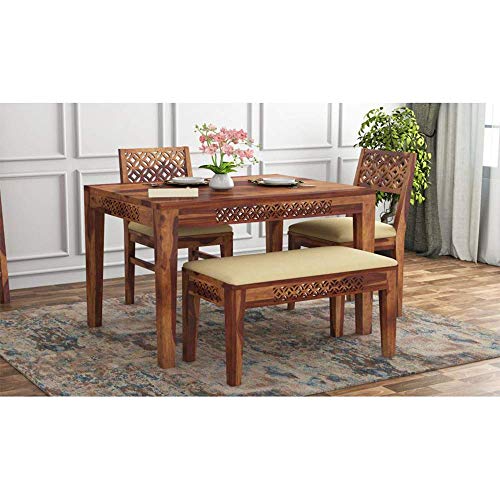 Diksha Wood Dining Table 4 Seater Set with Chairs | Dining Table Sets | 4 Seater Dining Table Wooden | Dining Room Sheesham Wood Furniture Sets | with 2 Chairs 1 Bench | Honey Finish