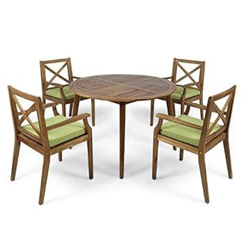 Alternative view of Great Deal Furniture Jenson Outdoor 5 Piece Acacia Wood Dining Set with Cushions, Teak Finish and Green