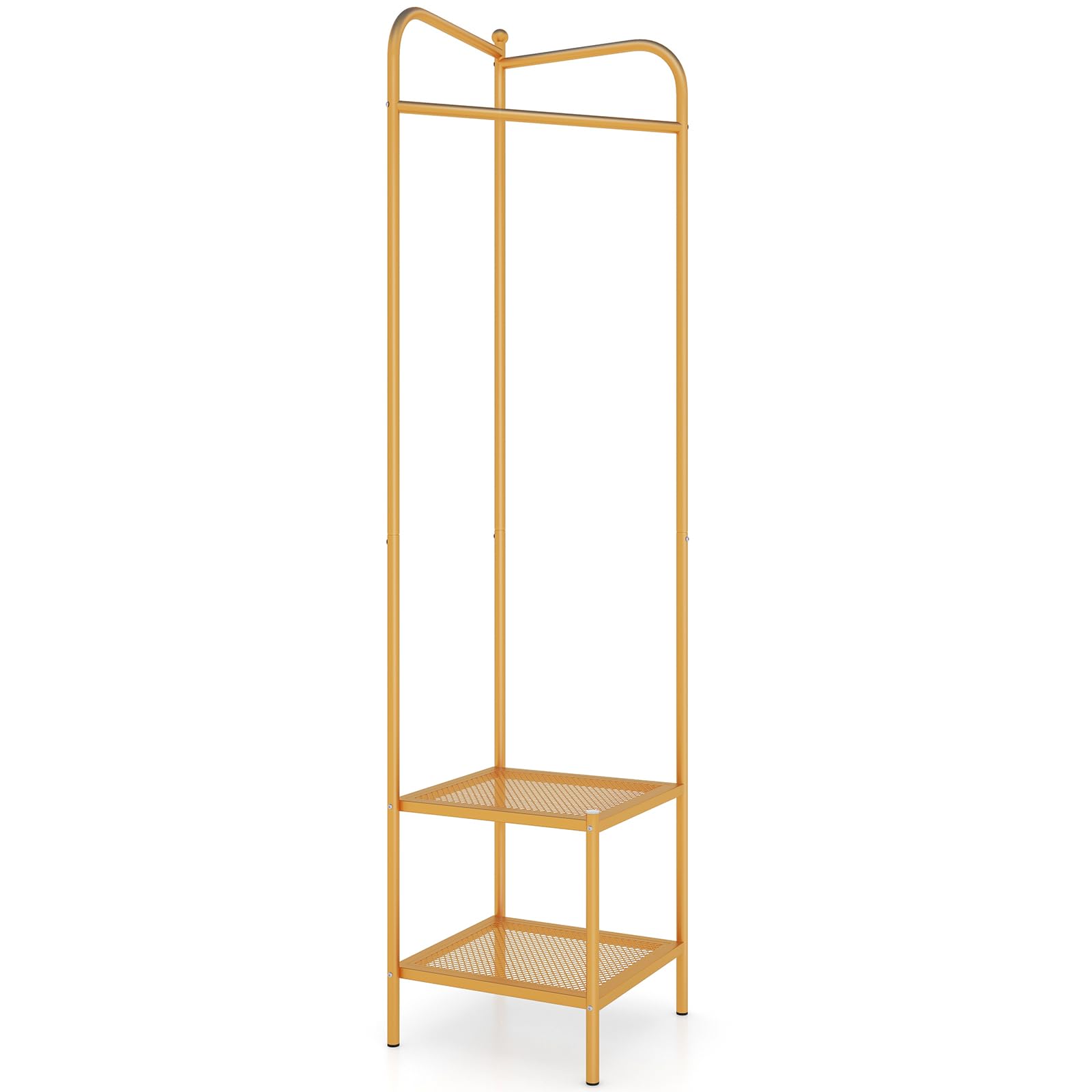 RELAX4LIFE 2 in 1 Appendiabiti da Terra con 2 Ripiani a Rete, Appendiabiti ad Angolo per Ingresso, Kit Antiribaltamento Incluso, per Camera, Ufficio, Corridoio, 42 x 42 x 194 cm (Dorato)