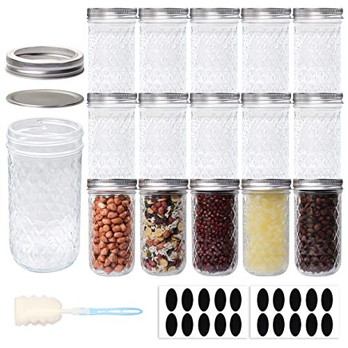 HWASHIN 12 OZ Quilted Crystal Mason Jars with Regular Lids and BandsSilver 15 Pack Glass Jars with Labels and Sponge Brush Ideal for Canning Storage Wedding Favors Shower Favors Decoration