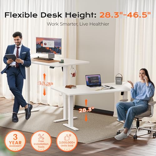 Image of Huuger 63 x 28 Large Electric Standing Desk, Height Adjustable Computer Desk, 27.6 inch Deep Desktop, Stand up Gaming Office Table with 2 Hooks, 3 Preset Heights, for Home Office, White
