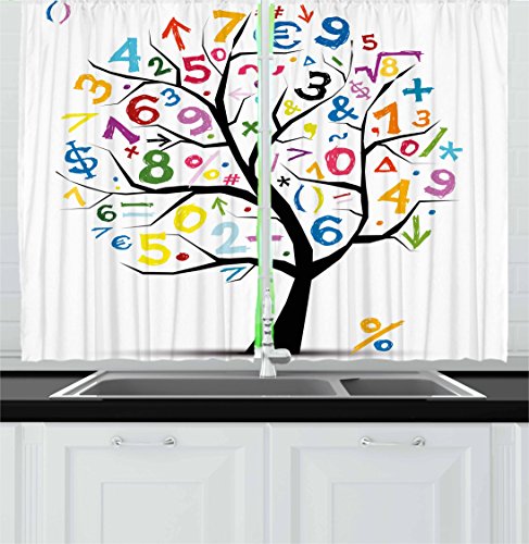 Ambesonne Mathematics Room Kitchen Curtains, Tree Colorful Numbers Math Funny Drawing, Window Drapes 2 Panel Set for Kitchen Cafe Decor, 55