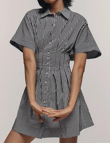 Women Summer Short Sleeve Button Front Pleated Shirt Dress Striped Collar V Neck Casual Y2k Swing Short Mini Dresses2