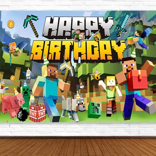 Pixel Miner Birthday Party Decorations Video Game Banner for Birthday Party Backdrop Photo Background Wall Decor Party Supplies