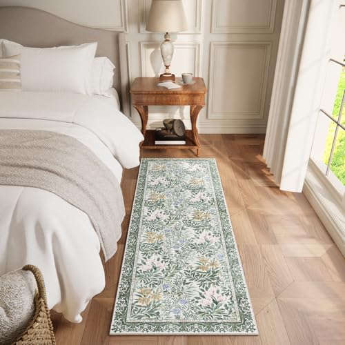 Image of Botanical Floral Washable Runners for Hallways Area Rug 2x6 Light Green Cream Vintage Garden Design, Perfect for Carpet for Kitchen Bedroom Bathroom Laundry Room