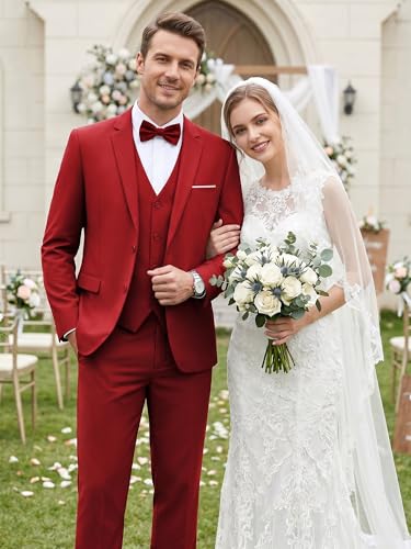 Image of WEEN CHARM Men's 3-Piece Slim Fit Suit Set-2-Button Blazer,Vest & Pants-Formal Wedding,Prom,Party & Business Tuxedo