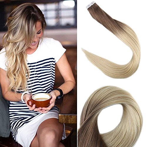 【Promotion】Fshine 24" Remy Tape in Hair Extensions Human Hair Ombre Balayage Tape in Human Hair Extensions Ombre Hair Dye Color #6 Fading to #613 Blonde Glue in Blonde Hair Extensions 50g 20Pcs