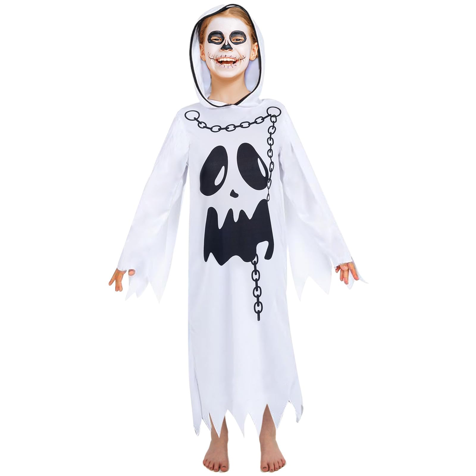 ZZOUFI Ghost Costume Kids, Ghost Outfit for Baby Toddler Girl Boy, Halloween Childrens Ghost Costume, White Hooded