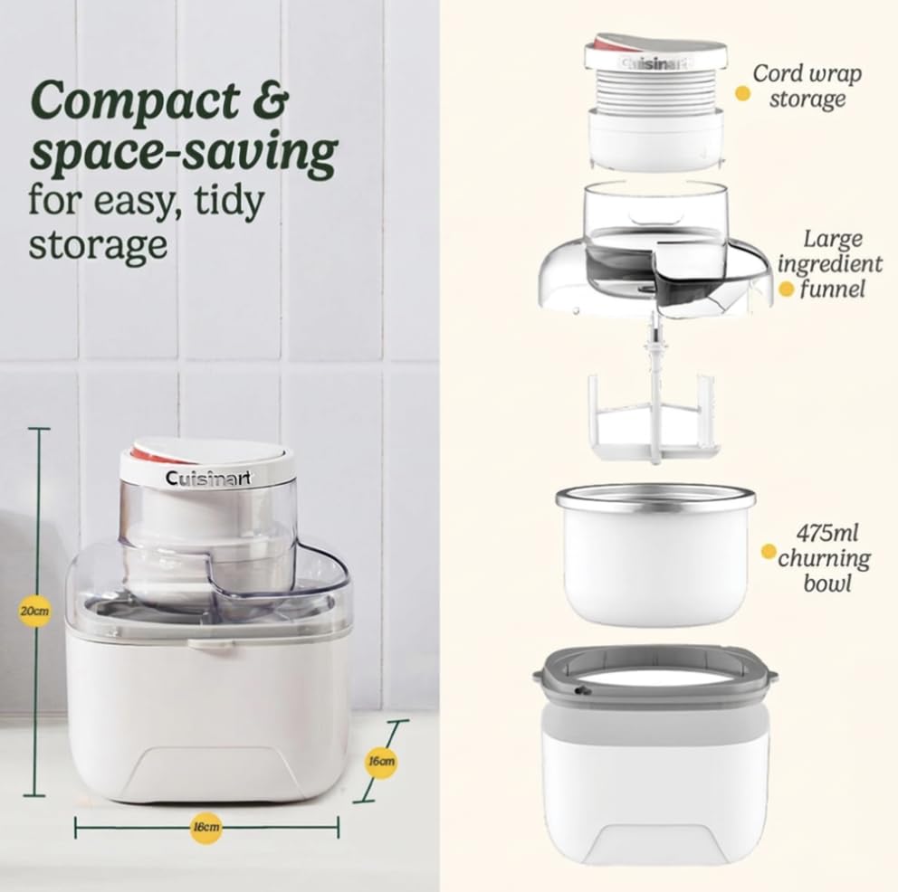 Image of Cuisinart Solo Scoops Ice Cream Maker | Homemade Gelato & Ice cream machine in 25 Mins | Sorbet Maker | Frozen Yogurt Maker | Compact, space saving | 475ml churning bowl | ICEM10